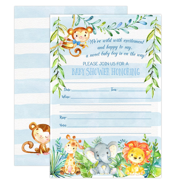 Boy Jungle Safari Baby Shower Invitations, Safari Animal Invitation, 20 Fill in Invitations and Envelopes, Blue Boy Baby Shower Party, Monkey, Lion, Elephant, Giraffe