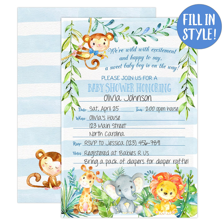 Boy Jungle Safari Baby Shower Invitations, Safari Animal Invitation, 20 Fill in Invitations and Envelopes, Blue Boy Baby Shower Party, Monkey, Lion, Elephant, Giraffe