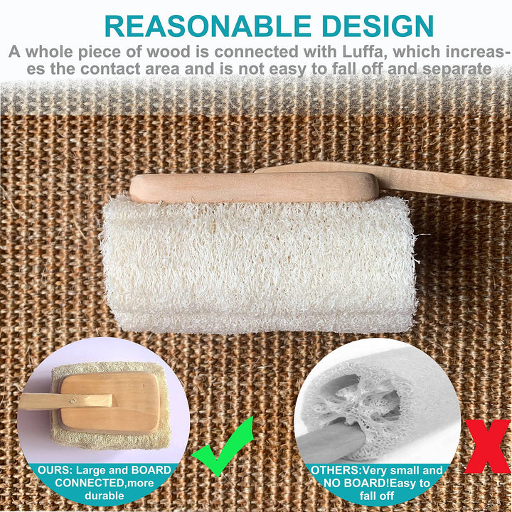 Natural Exfoliating Loofah Bath Brush On a Stick - Long Wooden Handle Back Brush For Men & Women - Shower Scrubber Pack of 2