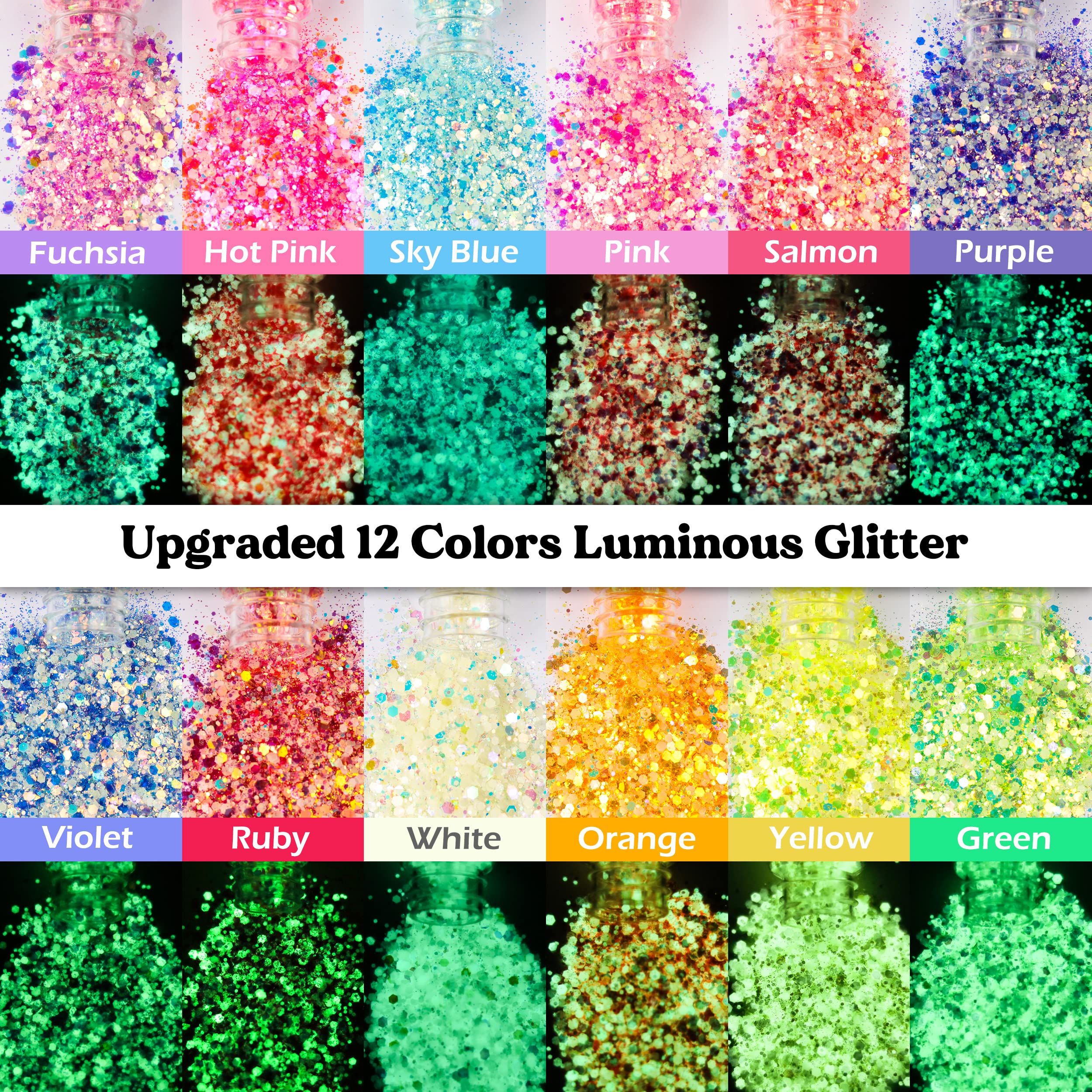Glow in The Dark Glitter, LET'S RESIN 12 Colors Luminous Chunky Glitter, 0.42oz/Bottle High Luminance Glitter, Chunky Glitter for Resin, Nail, Slime, Tumblers, Halloween
