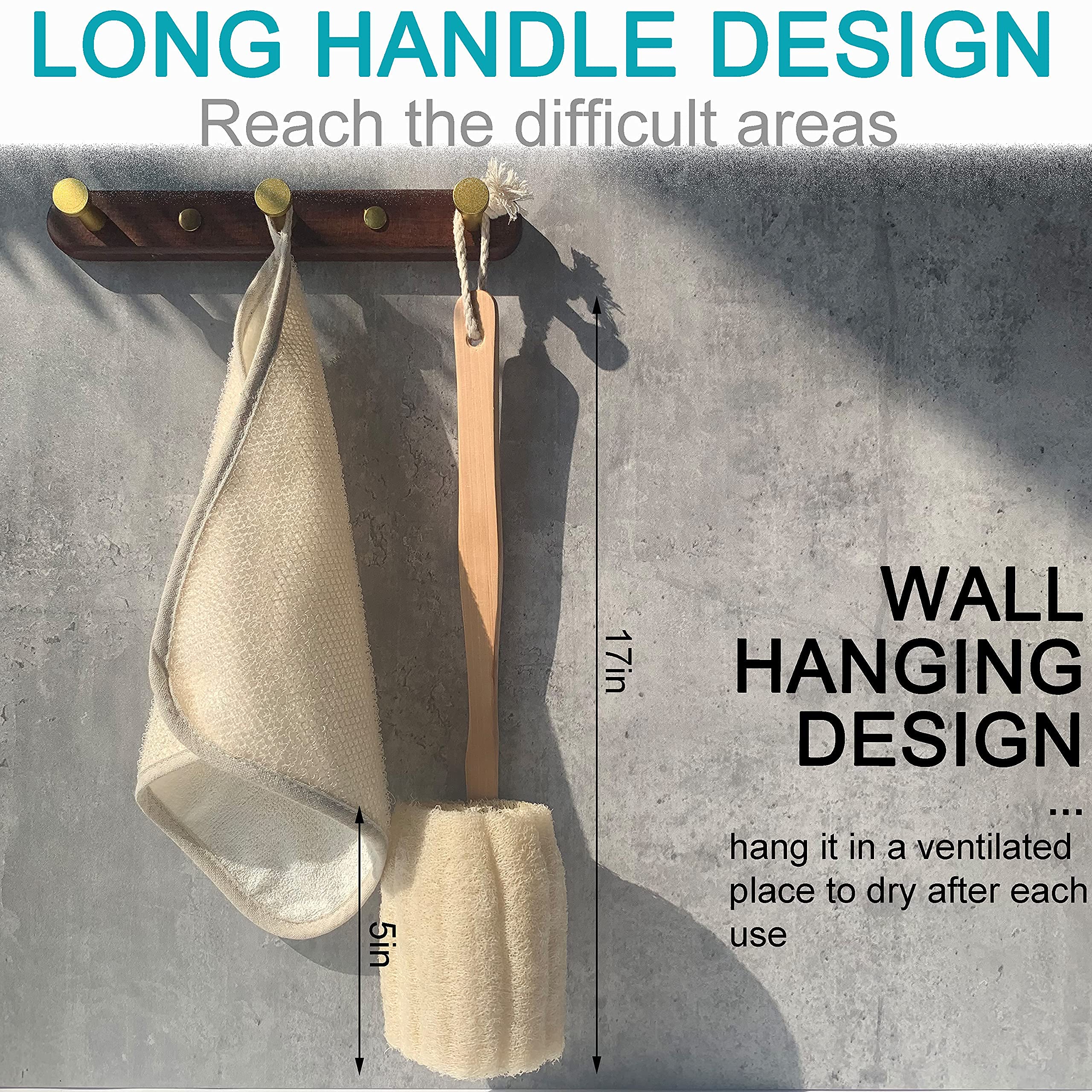 Natural Exfoliating Loofah Bath Brush On a Stick - Long Wooden Handle Back Brush For Men & Women - Shower Scrubber Pack of 2