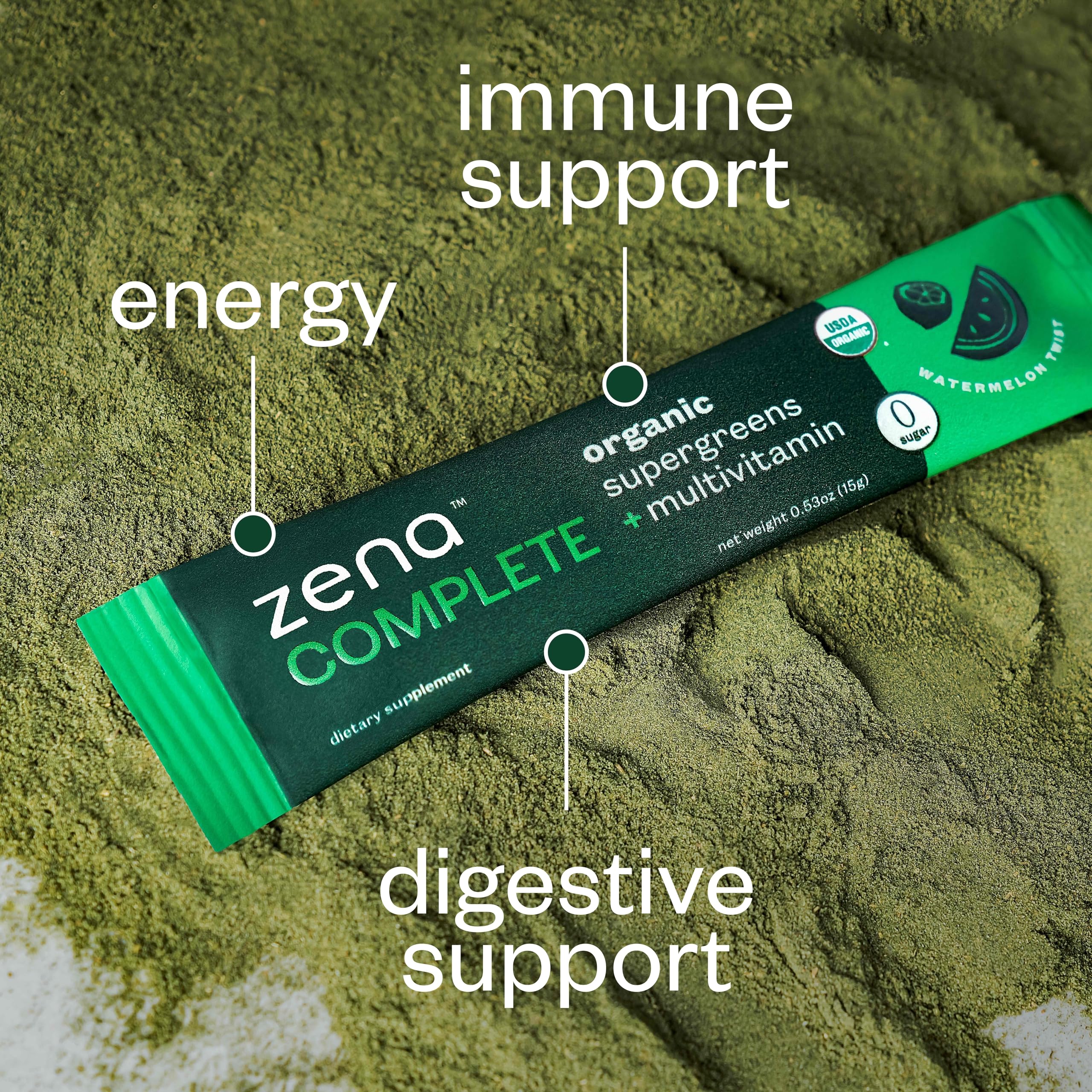 Zena Complete Organic Super Greens Powder & Multivitamin, 90+ Supergreens, Fruits, Veggies, 0 Sugar, 5G Fiber, Pre & Probiotics, Watermelon Citrus Flavor, 30 Packets