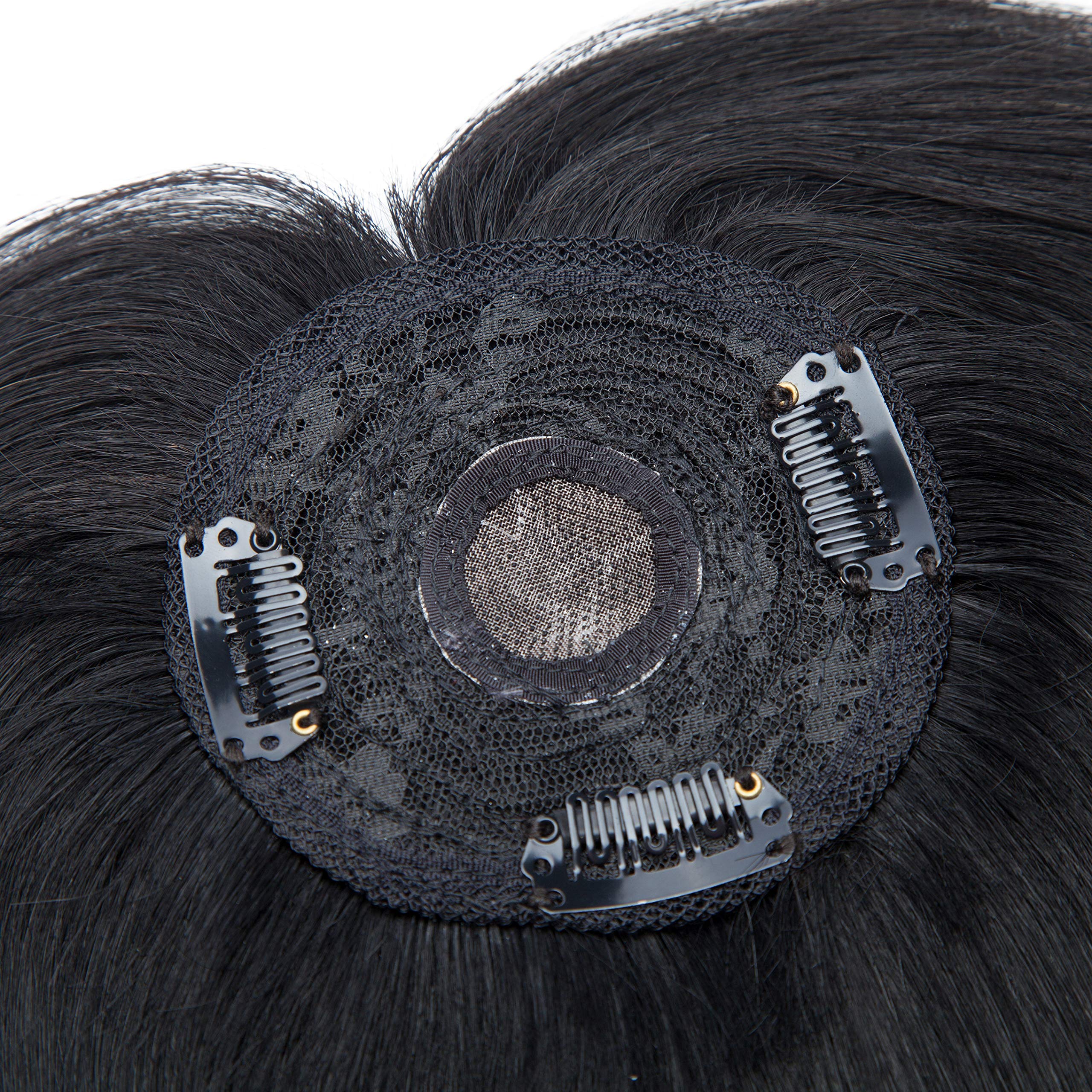 S-noilite Clip In Mono Topper with Bangs 100% Real Human Hair Crown Toppers with Wispy Bangs 12 Inch 35g Jet Black Top Hairpiece For Women with Thinning Hair/Gray Hair/Short Hair/Hair Loss #1