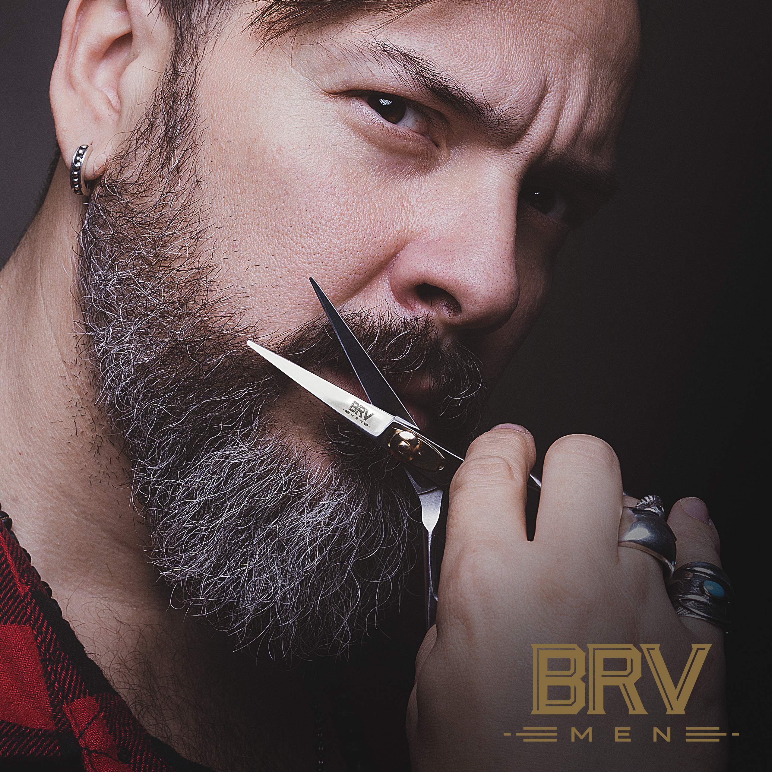 BRV MEN Professional Mustache & Beard Trimming Scissors - 5.5 | High Carbon Stainless Steel & Hammer Forged Mustache Scissors | Razor Sharp Facial Hair Trimming Shears (RIGHT HANDED - Silver)