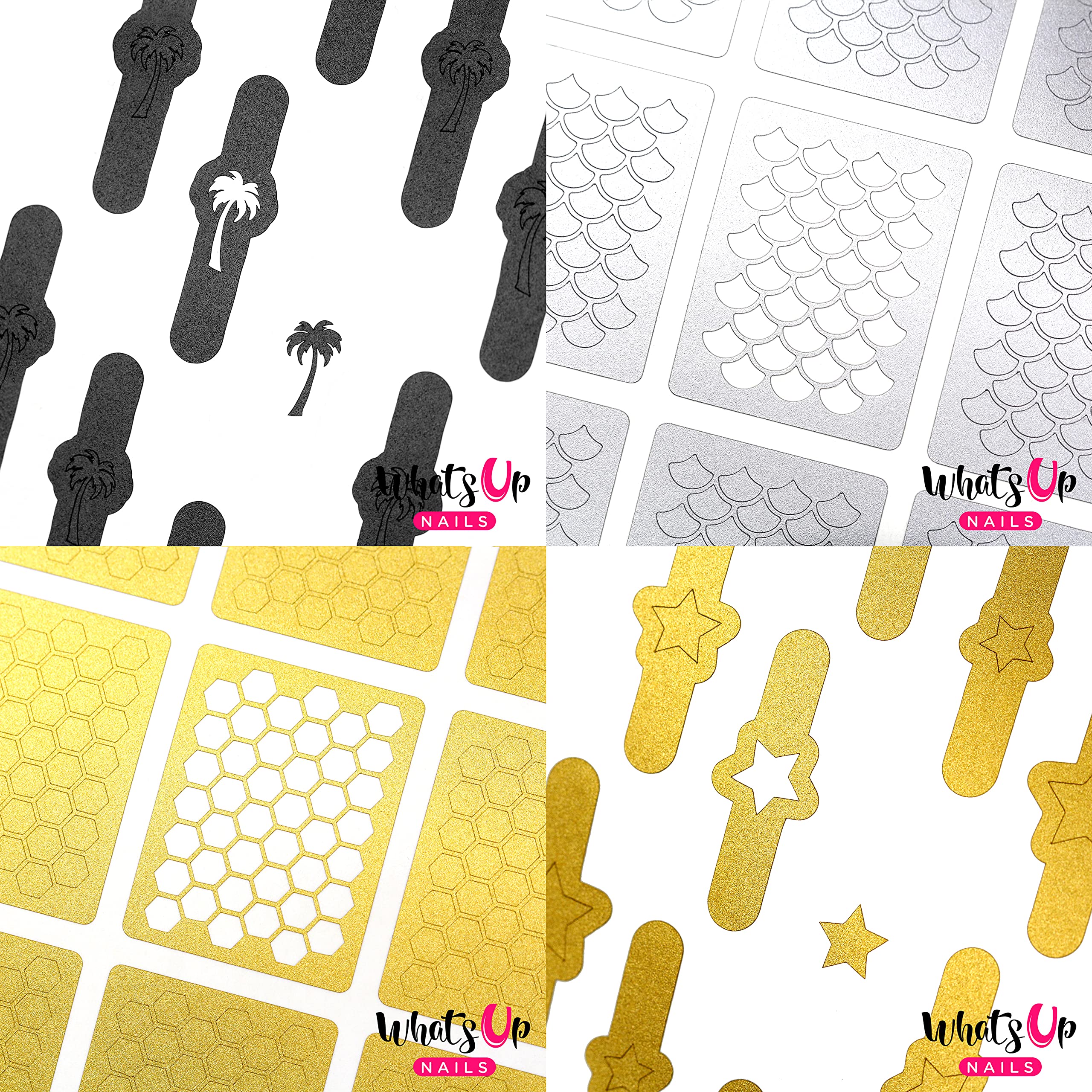 Whats Up Nails - Nail Vinyl Stencils Variety Pack 4pcs (Palm, Scales, Honeycomb, Northern Star) for Nail Art Design
