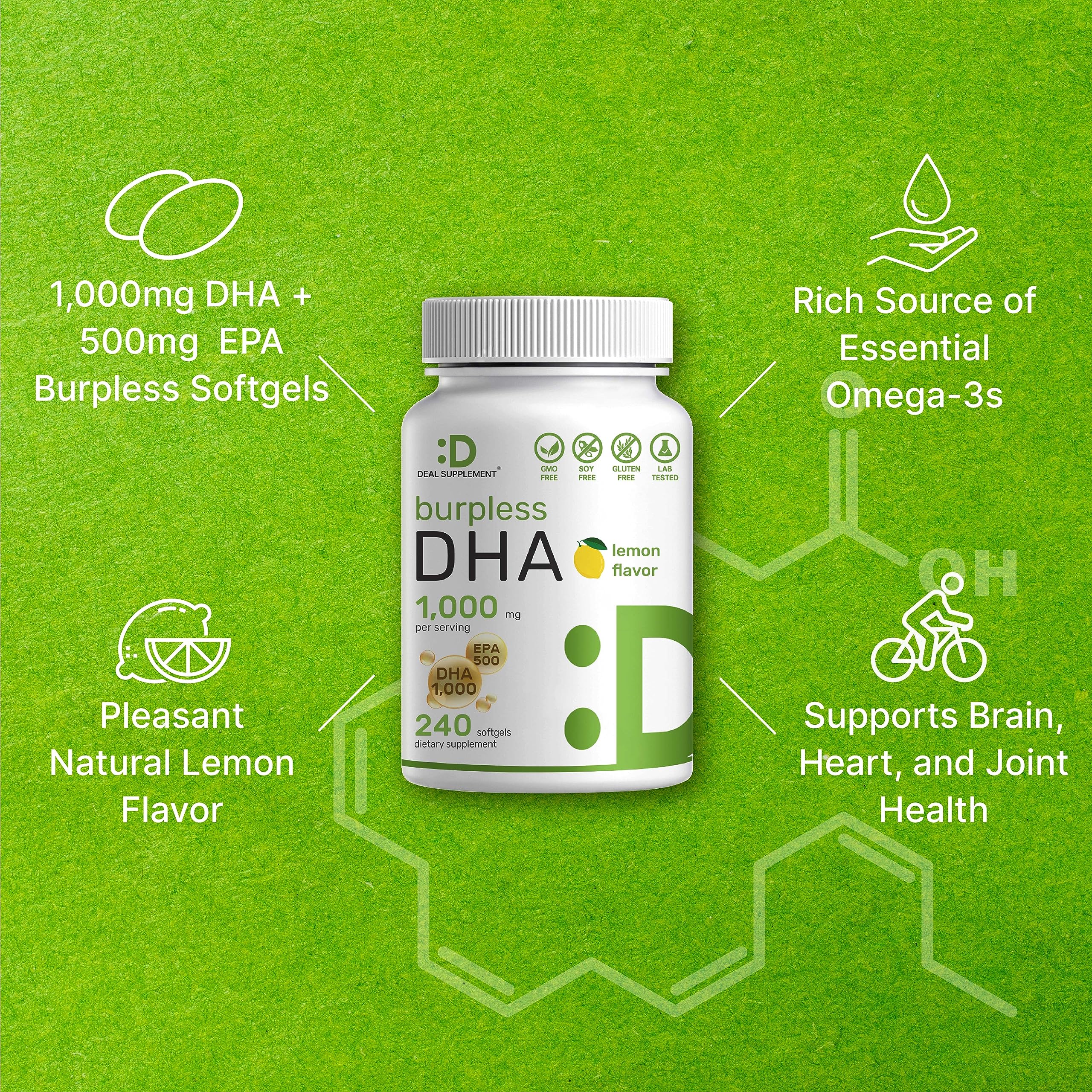 DHA Supplements | 240 Softgels, Burpless, Lemon Flavor, DHA 1000mg + EPA 500mg, Wild Caught Fish