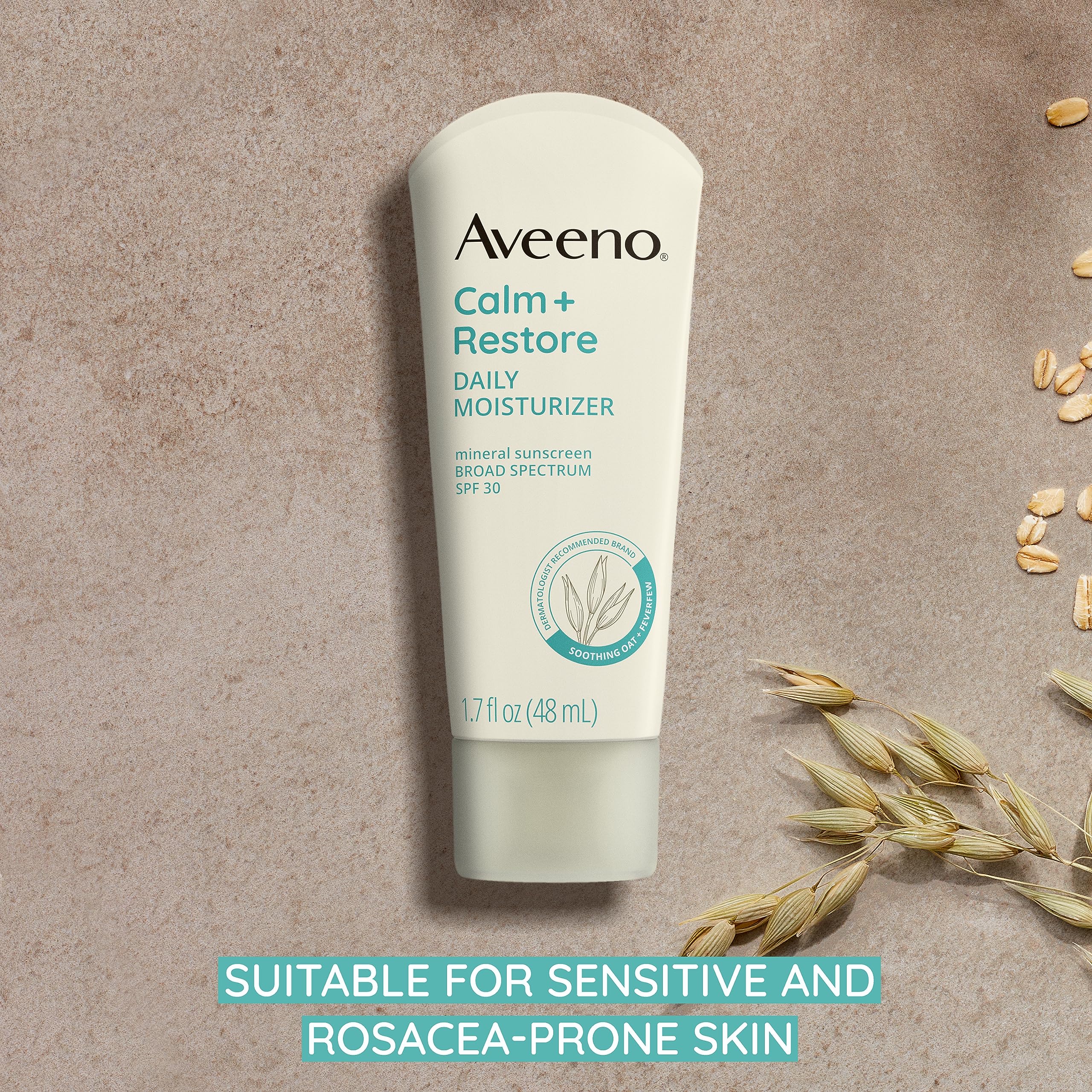 Aveeno Calm + Restore Daily Moisturizer Mineral Sunscreen with Broad Spectrum SPF 30, Lightweight All Day Moisture + UVA/UVB Sun Protection for Sensitive Skin, Fragrance Free, 1.7 fl. Oz