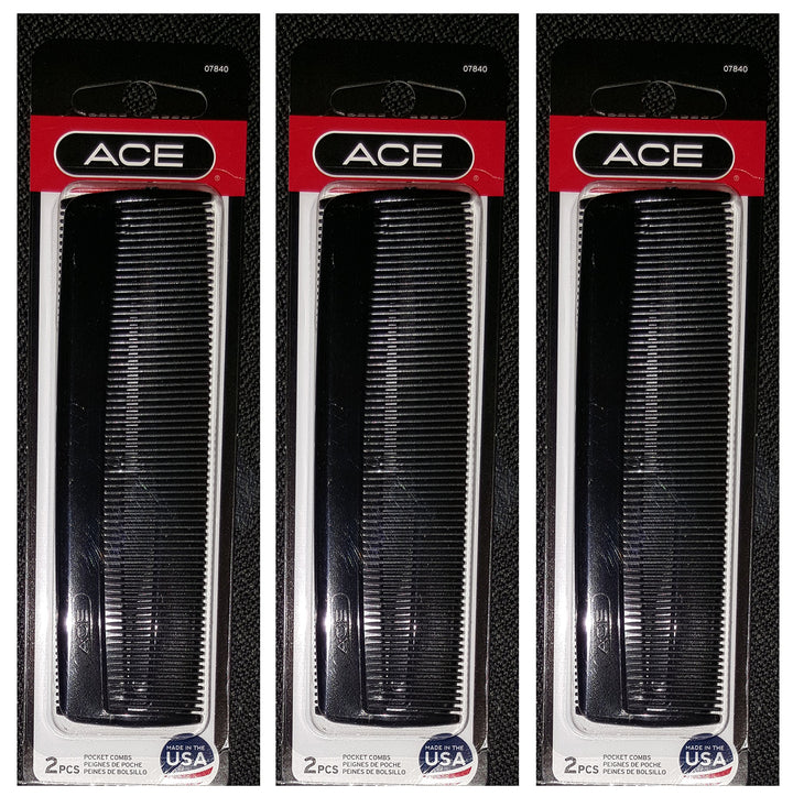 Ace 5 Inch Pocket Comb Black 2 Count (Pack of 3) = 6 Combs Per Order