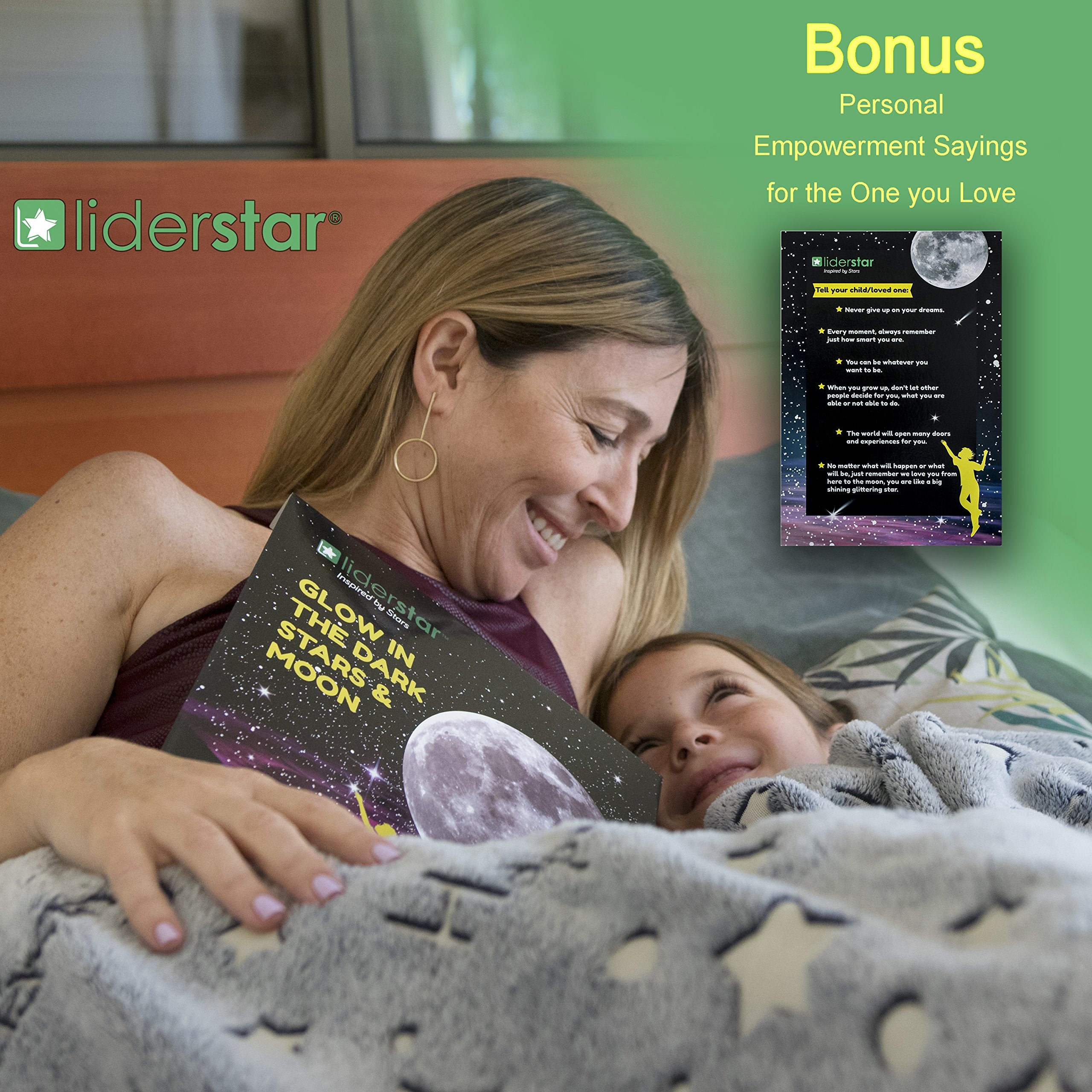 LIDERSTAR Vinyl Glow in The Dark Stars and Free Removable Full Moon, 220 Adhesive Glowing Star Beautiful Wall Stickers Decals for Bedroom Ceiling, Bonus Affirmation Card for Kids