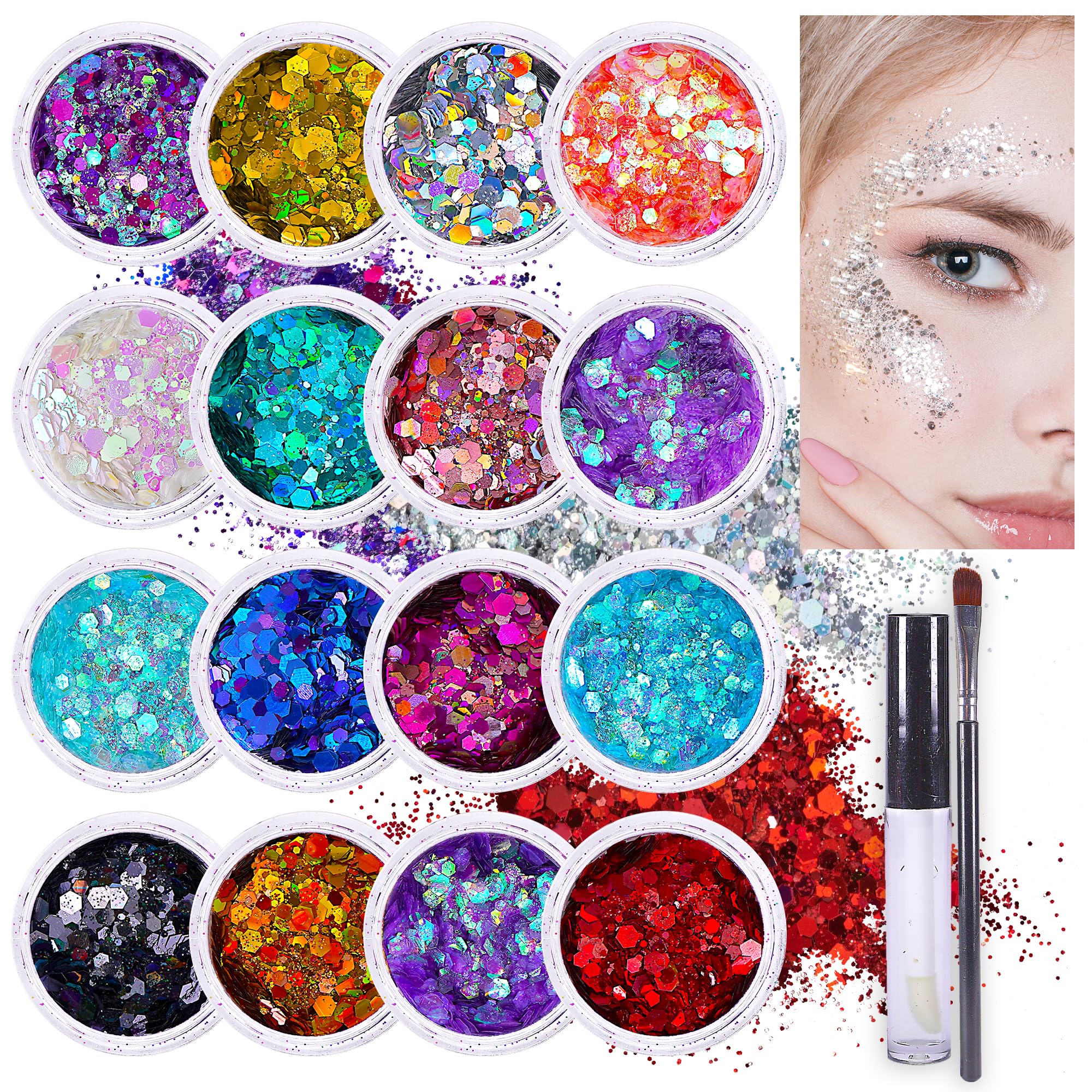 Chunky Holographic Body Glitter I 16 Colors + Glitter Glue for Face Glitter Makeup, Hair, Eye & Fine Glitter Eyeshadow - Perfect for Halloween, Slime, Resin, Tumblers, Craft, Cosmetic & Nail Art