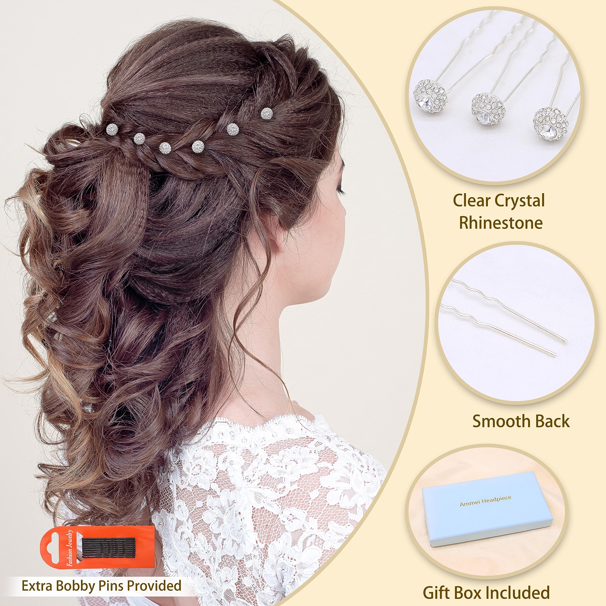 Ammei Silver Bridal Hair Pins Set Of 6 Bobby Pins Style With Sparkly Rhinestone For Wedding Parties