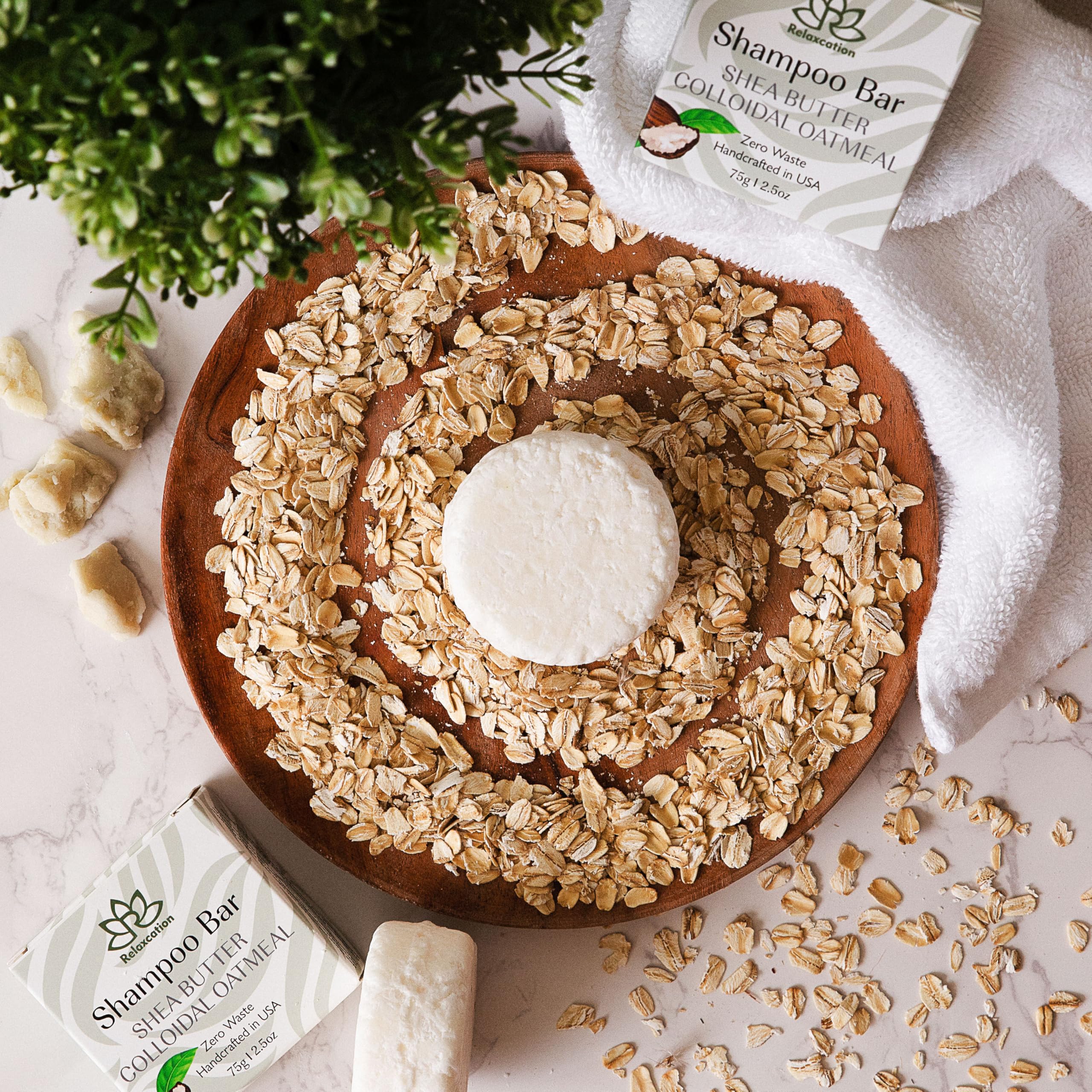 Relaxcation Organic Unscented SOLID Shampoo Bar for Damaged Hair with Shea Butter, Colloidal Oatmeal, Coconut Oil, Cocoa Butter, Jojoba, and Argan Oil for Normal and Sensitive Skin - Handmade in USA