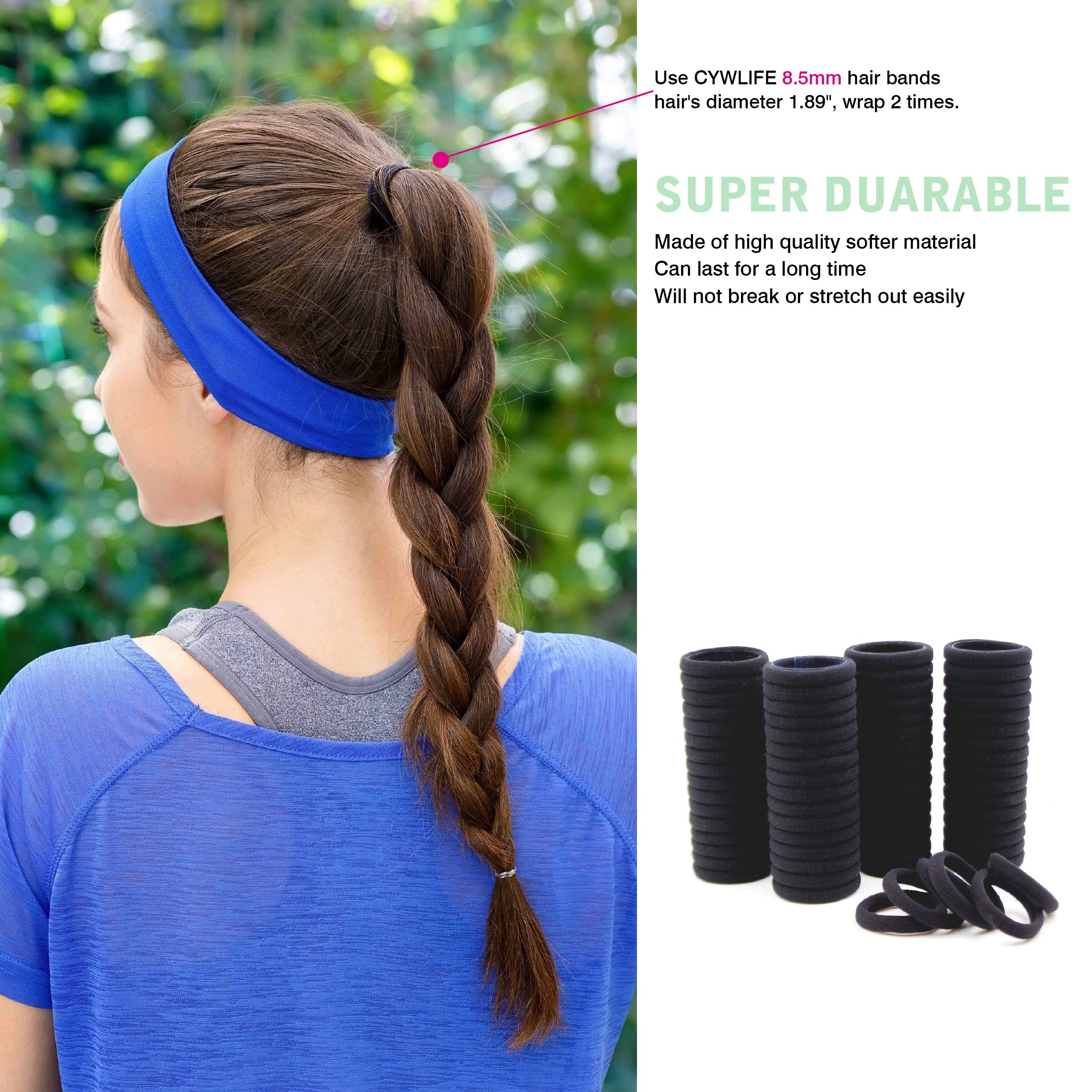 Cywlife Hair Ties Rubber Bands For Women Girls Thick Curly Hair, 100 Pcs Black, 8.5Mm No Crease Cotton Seamless Ponytail Holders Scrunchie For Kids Men, No Damage No Slip Soft Hair Elastics