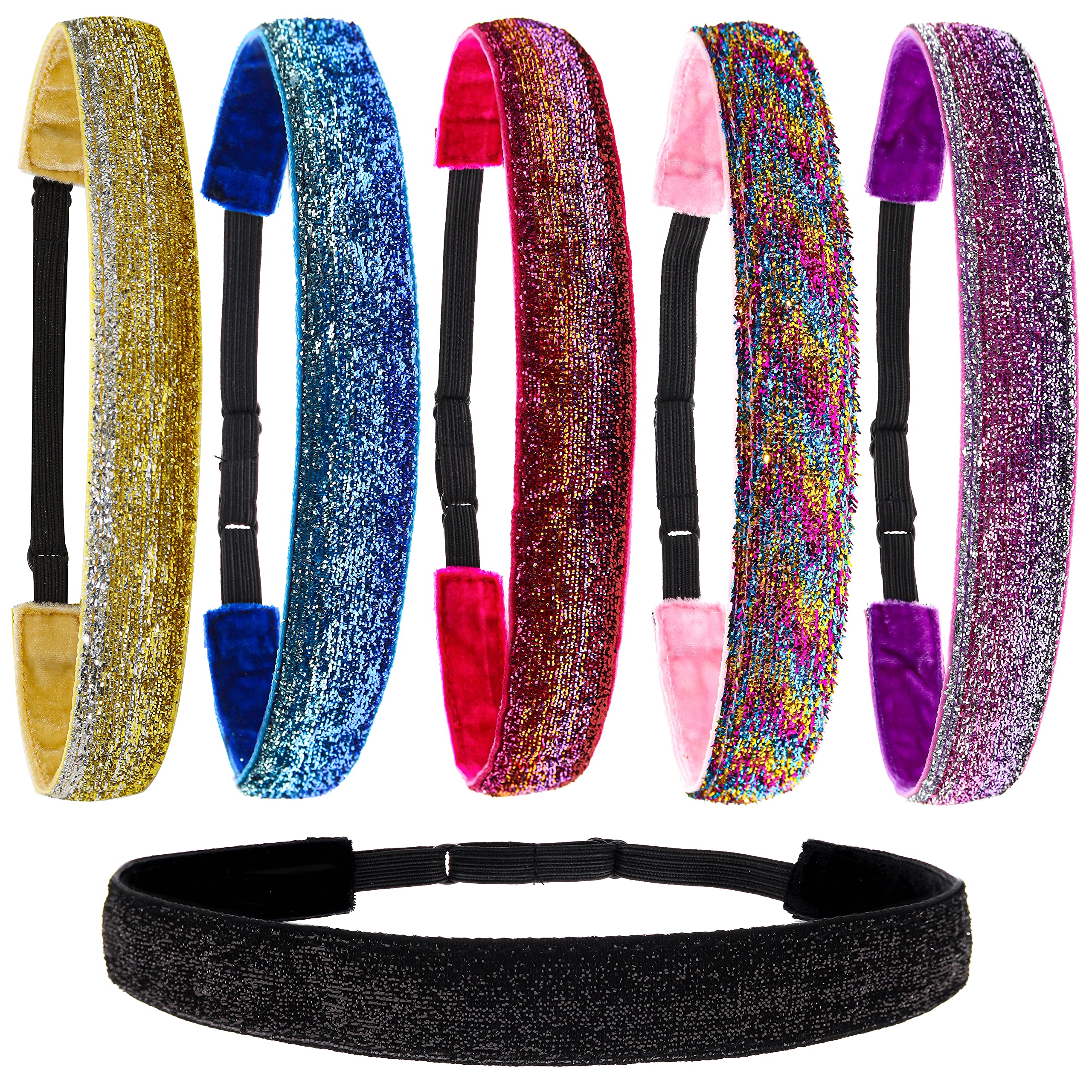 6 Sparkly Glitter Elastic Headbands, Non Slip Stretch Velvet Fabric for Tween Teens Kids Girls, Stretchy Workout Fashion Hair Accessories for Women, Yoga & Sports Head Wraps, Cute Girl Party Favors