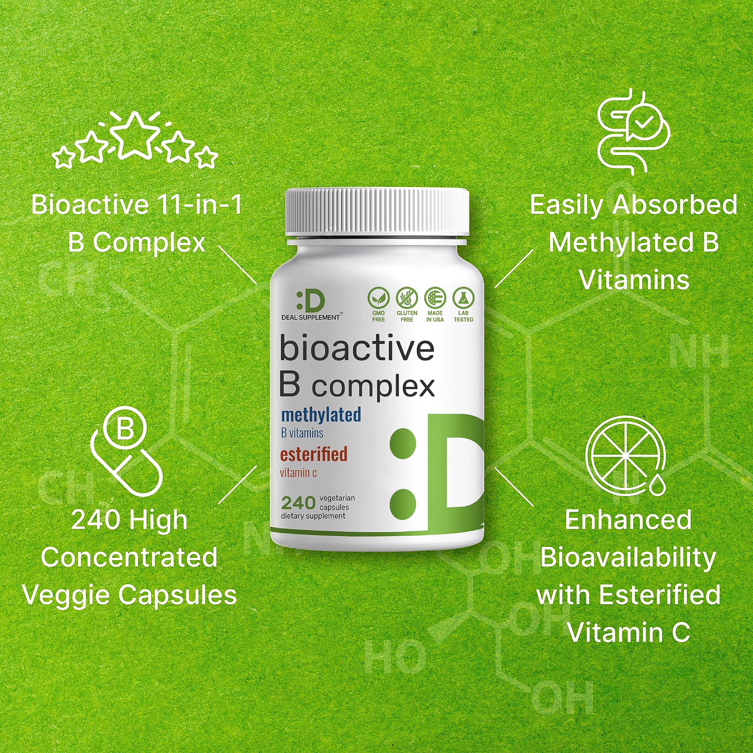 Bioactive Vitamin B Complex, 240 Veggie Capsules - Methylated Multivitamin B Complex & Esterified Vitamin C – High Potency & Easy Absorption – Immune, Energy, & Metabolism Supplement – Non-GMO