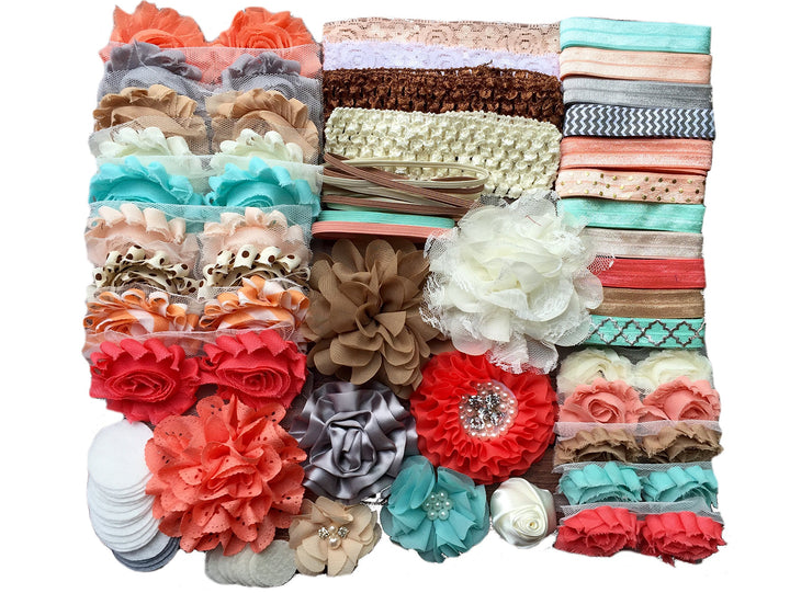 Bowtique Emilee Hairband Kit - Sandy Beaches, 30 pcs DIY Baby Shower Headband Set with Assorted Flowers & Elastics