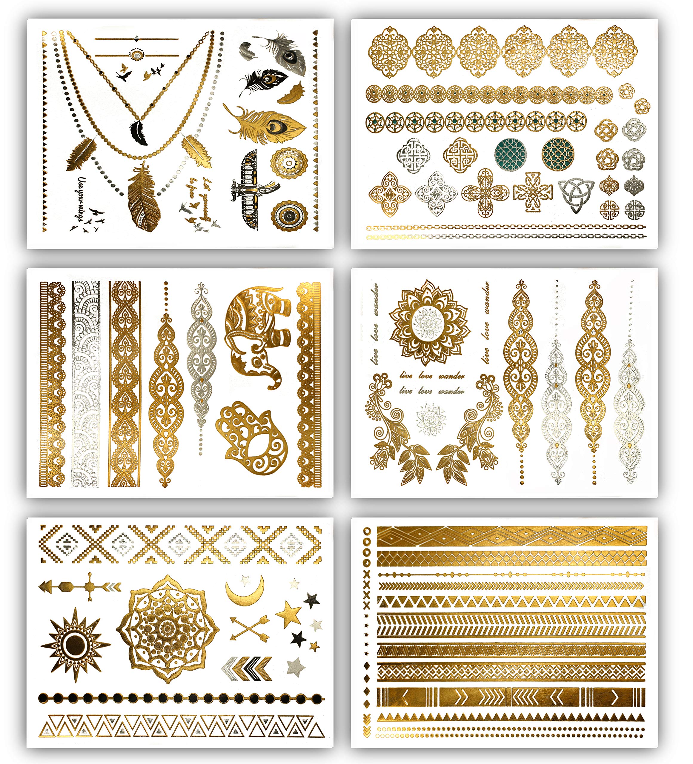 Premium Metallic Tattoos - 75+ Shimmer Designs in Gold, Silver, Black - Temporary Fake Jewelry Tattoos By Terra Tattoos™ (Serenity Collection)