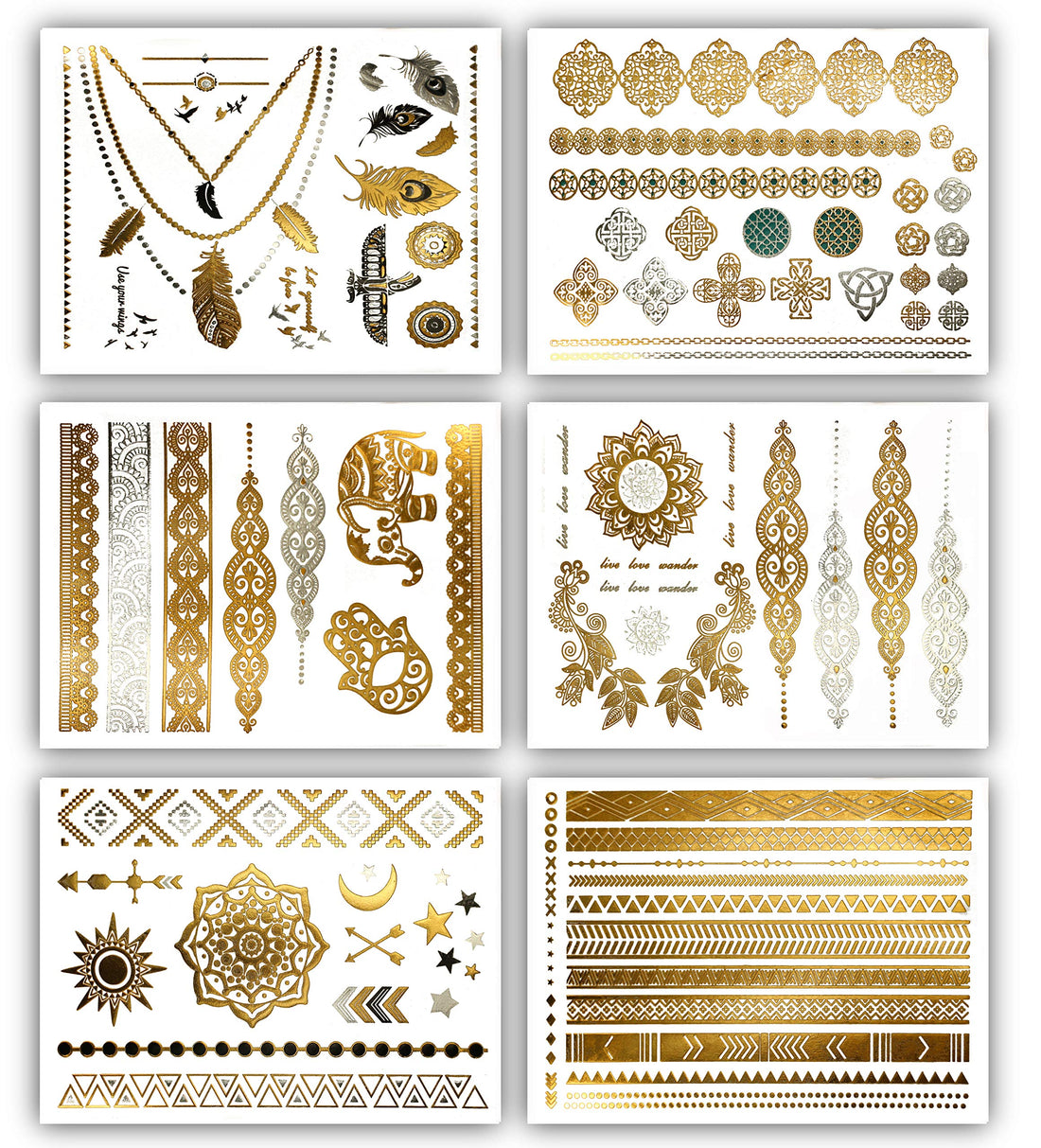 Premium Metallic Tattoos - 75+ Shimmer Designs in Gold, Silver, Black - Temporary Fake Jewelry Tattoos By Terra Tattoos™ (Serenity Collection)