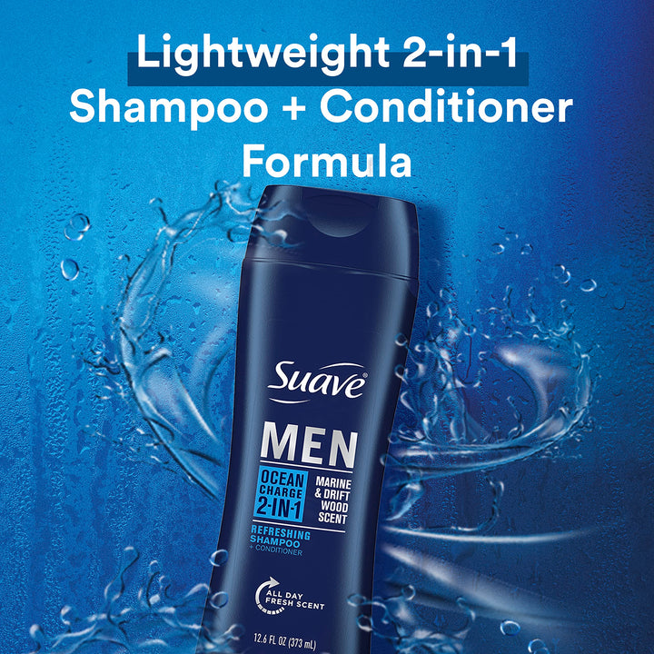 Suave Men 2 in 1 Shampoo and Conditioner Ocean Charge 12.6 Fl Oz (Pack of 6)