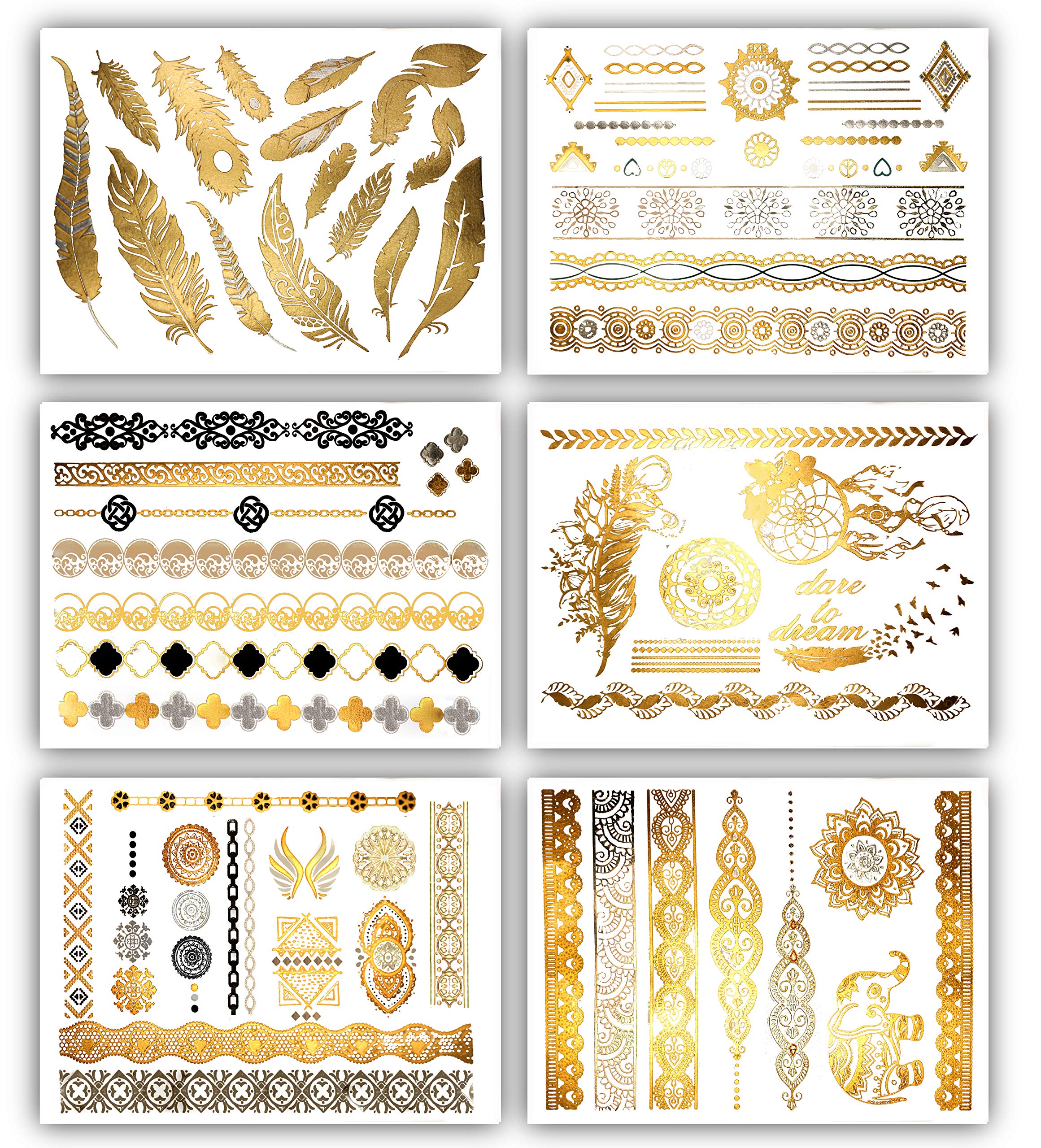 Premium Metallic Tattoos - 75+ Gold, Silver, Black Shimmer Designs. Temporary Fake Jewelry Tattoos By Terra Tattoos™ (Harmony Collection)