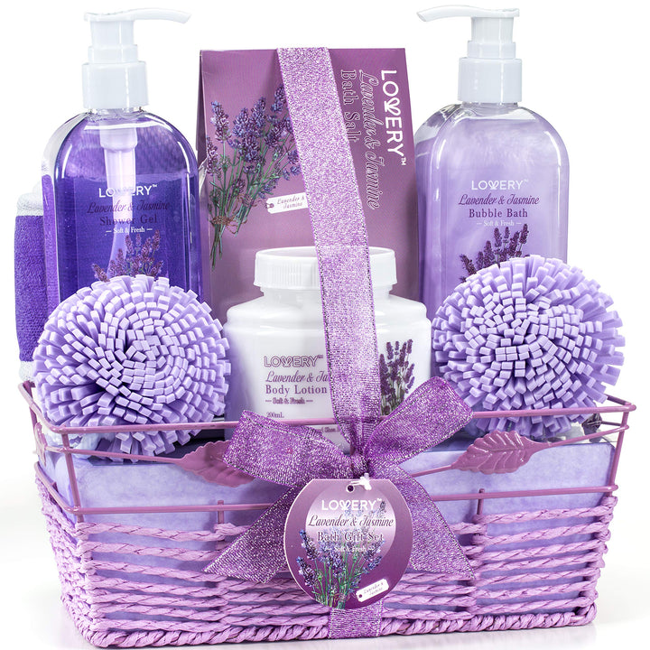 Bath and Body Gift Basket For Women and Men â‚¬â€œ Lavender and Jasmine Home Spa Set with Body Lotions, Bubble Bath and More
