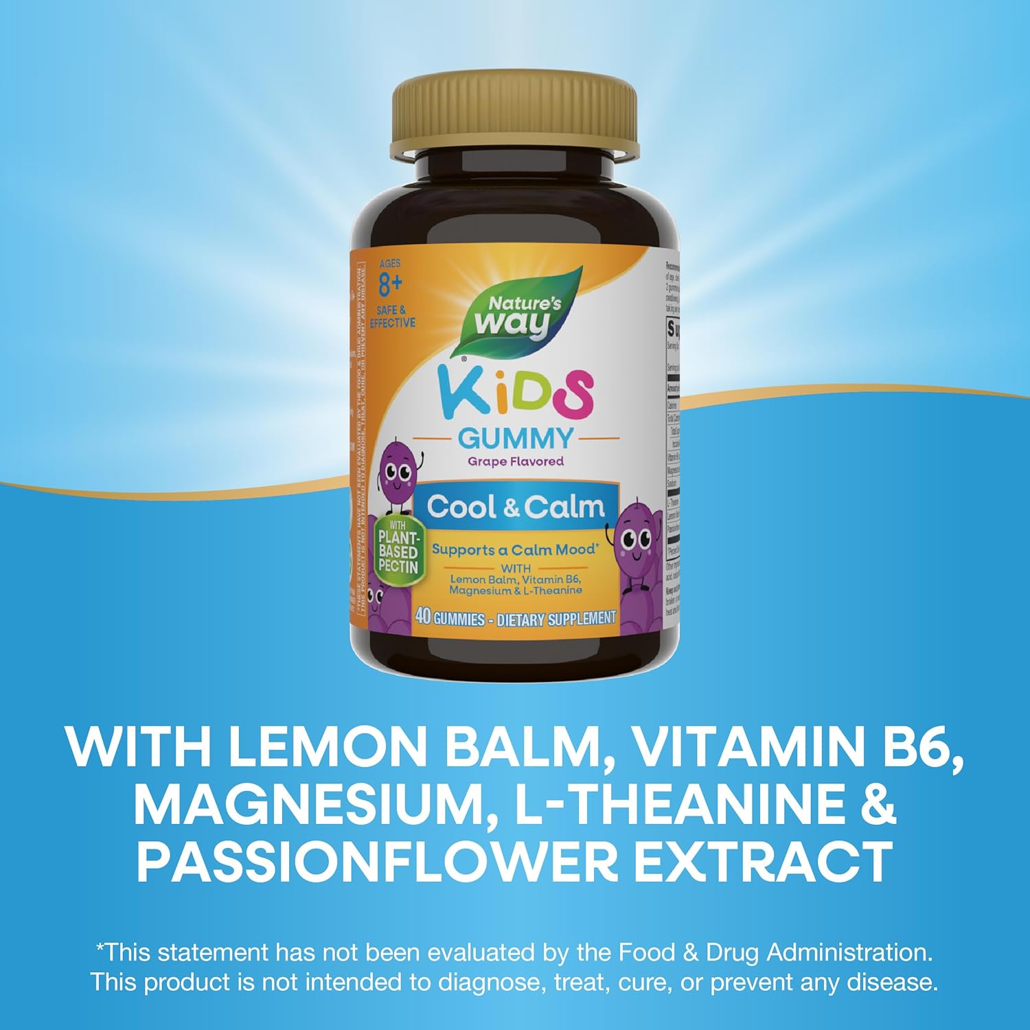 Nature's Way Kids Cool, Calm & Collected Gummies for Ages 8+, Grape Flavored, Vegetarian Friendly, Gluten Free, 40 Gummies (Pack of 1)