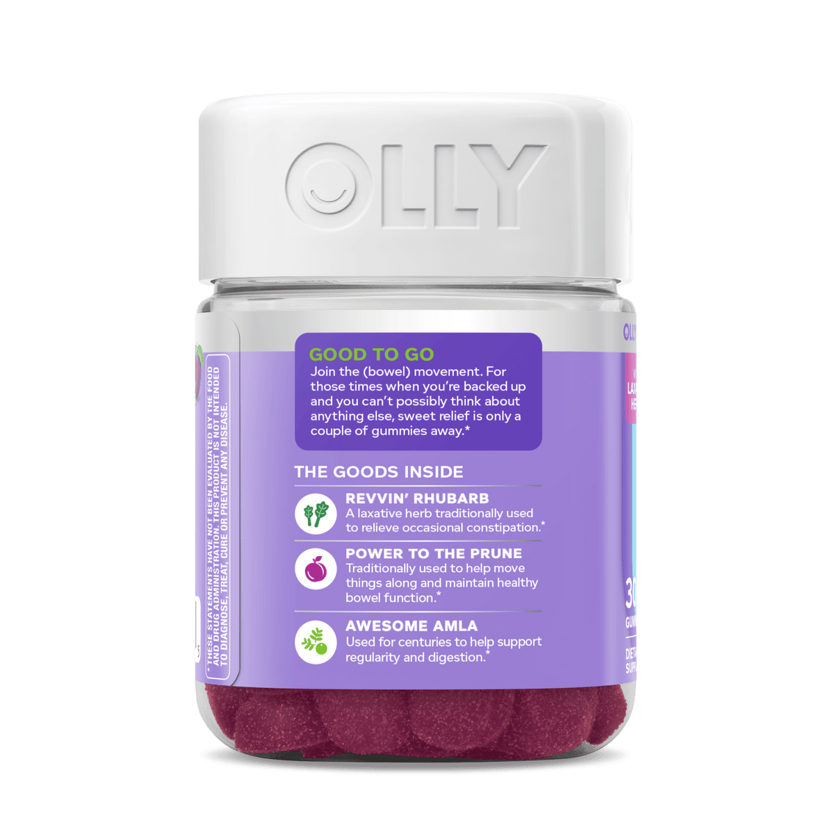 Olly Keep it Moving Constipation Relief, Rhubarb, Prunes, Amla, Plum Berry Flavor, 30 Gummies (Pack of 3)