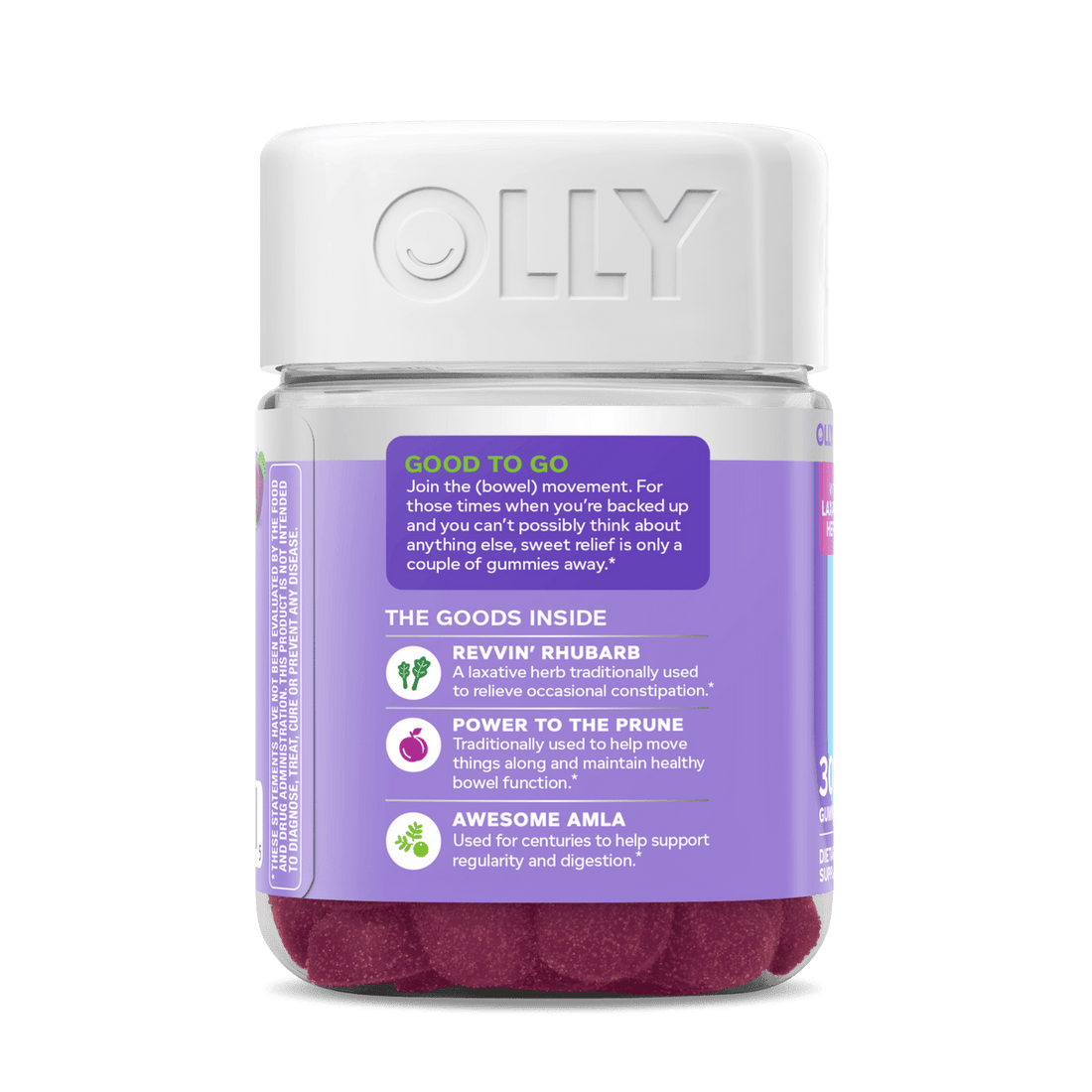 Olly Keep it Moving Constipation Relief, Rhubarb, Prunes, Amla, Plum Berry Flavor, 30 Gummies (Pack of 3)