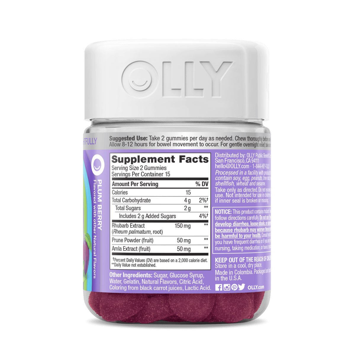 Olly Keep it Moving Constipation Relief, Rhubarb, Prunes, Amla, Plum Berry Flavor, 30 Gummies (Pack of 3)