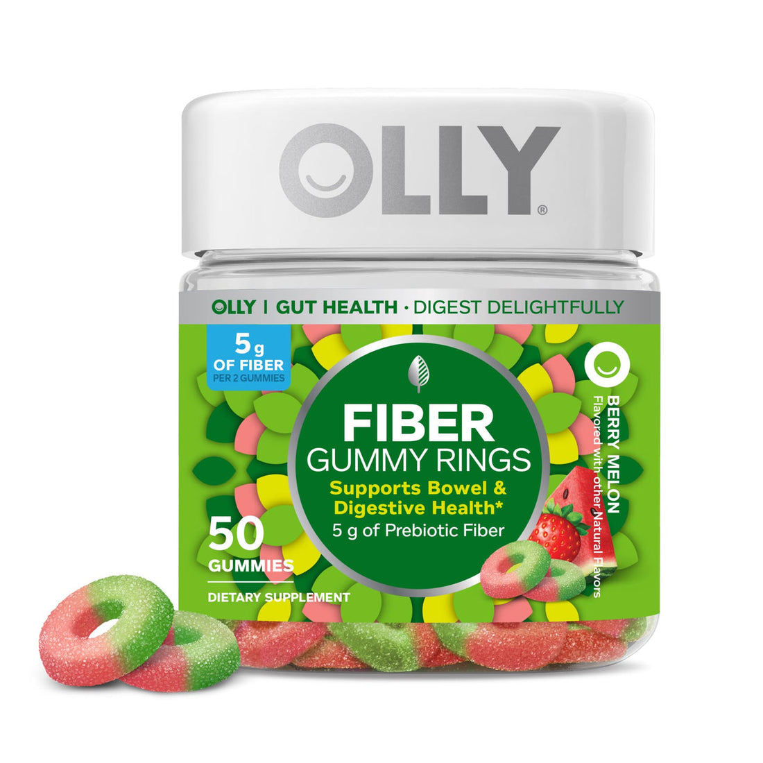 Olly Fiber Gummy Rings, 5g Prebiotic Fiber, FOS (Fructo-oligosaccharides), Berry Melon, 50 Gummies (Pack of 3)