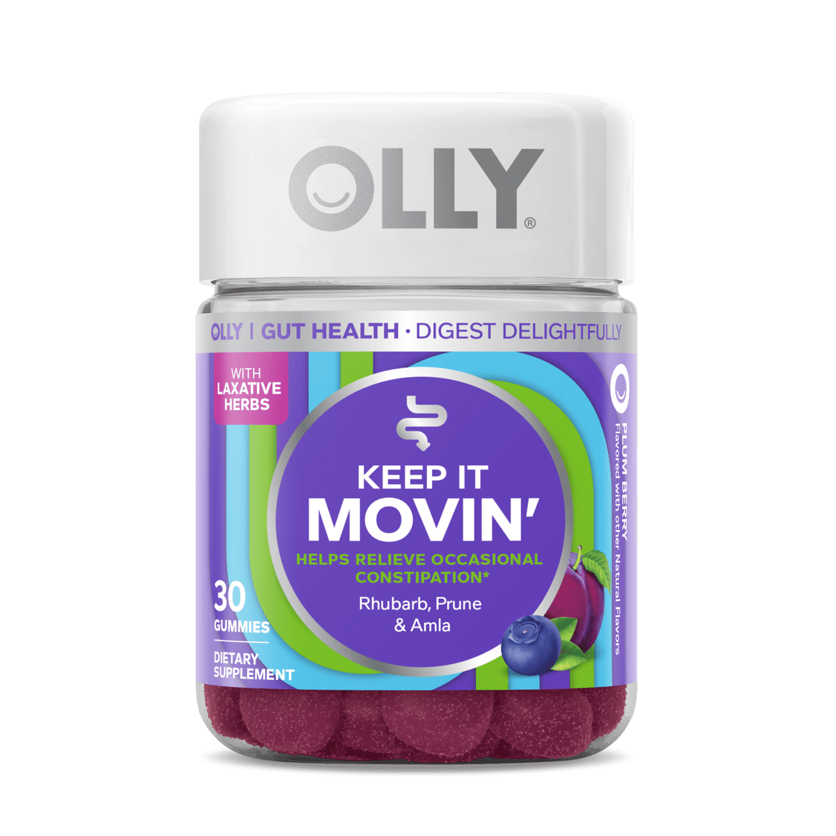 Olly Keep it Moving Constipation Relief, Rhubarb, Prunes, Amla, Plum Berry Flavor, 30 Gummies (Pack of 3)