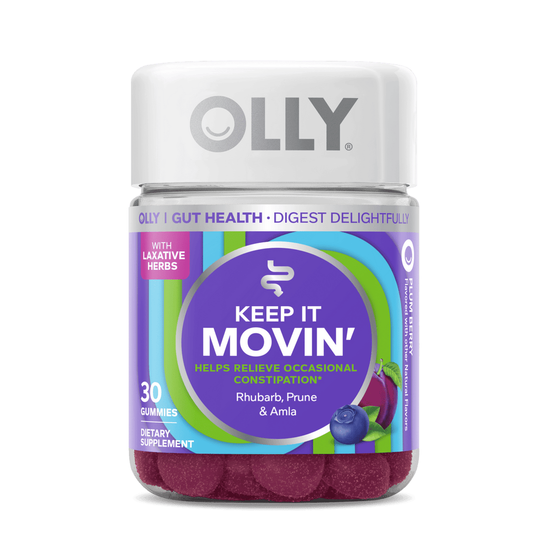 Olly Keep it Moving Constipation Relief, Rhubarb, Prunes, Amla, Plum Berry Flavor, 30 Gummies (Pack of 3)