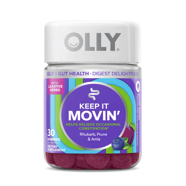 Olly Keep it Moving Constipation Relief, Rhubarb, Prunes, Amla, Plum Berry Flavor, 30 Gummies (Pack of 3)