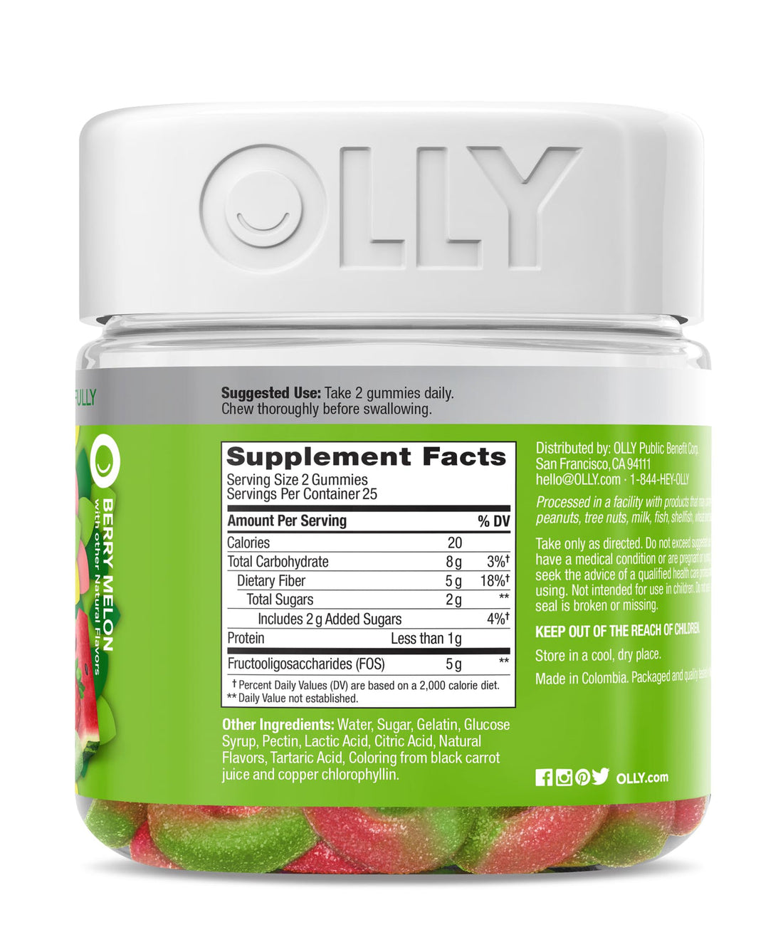 Olly Fiber Gummy Rings, 5g Prebiotic Fiber, FOS (Fructo-oligosaccharides), Berry Melon, 50 Gummies (Pack of 3)